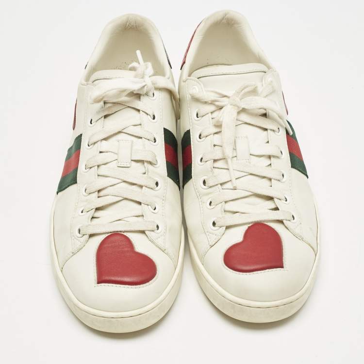 Pre Owned Gucci White Leather Ace Web Heart Detail Lace Up Sneaker Size 41