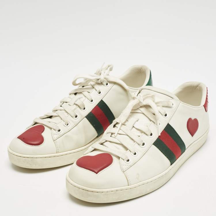 Pre Owned Gucci White Leather Ace Web Heart Detail Lace Up Sneaker Size 41