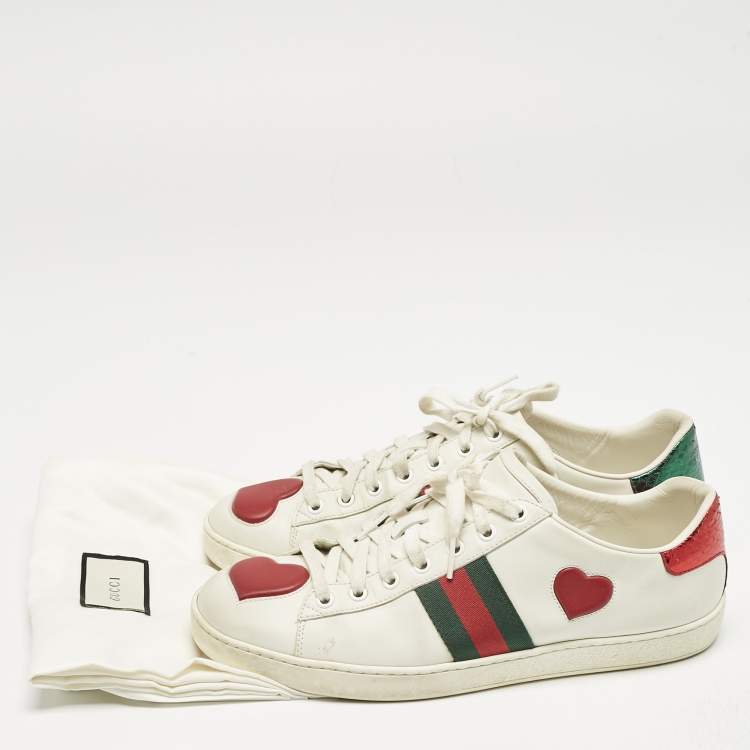 Pre Owned Gucci White Leather Ace Web Heart Detail Lace Up Sneaker Size 41