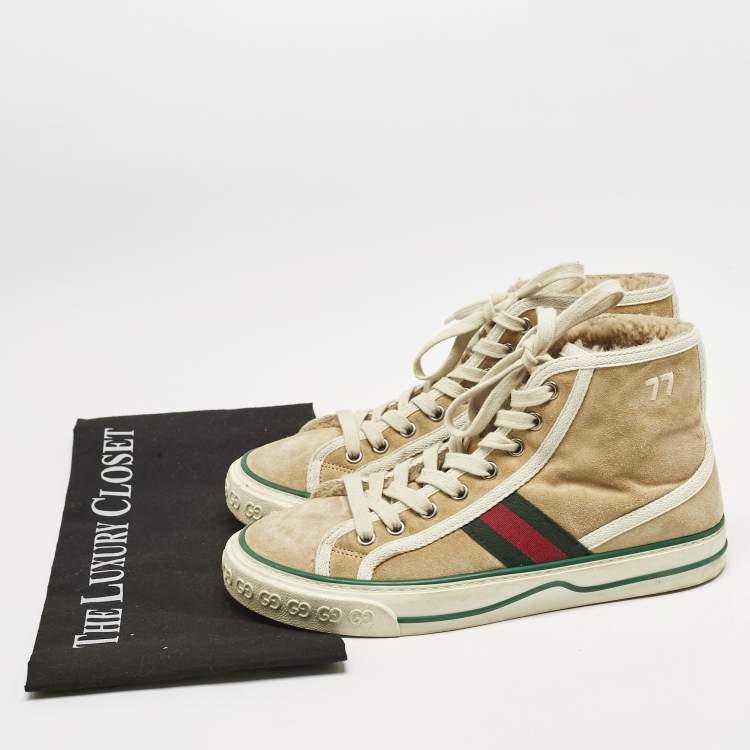Pre Owned Gucci Beige Suede Tennis 1977 High Top Sneakers Size 36