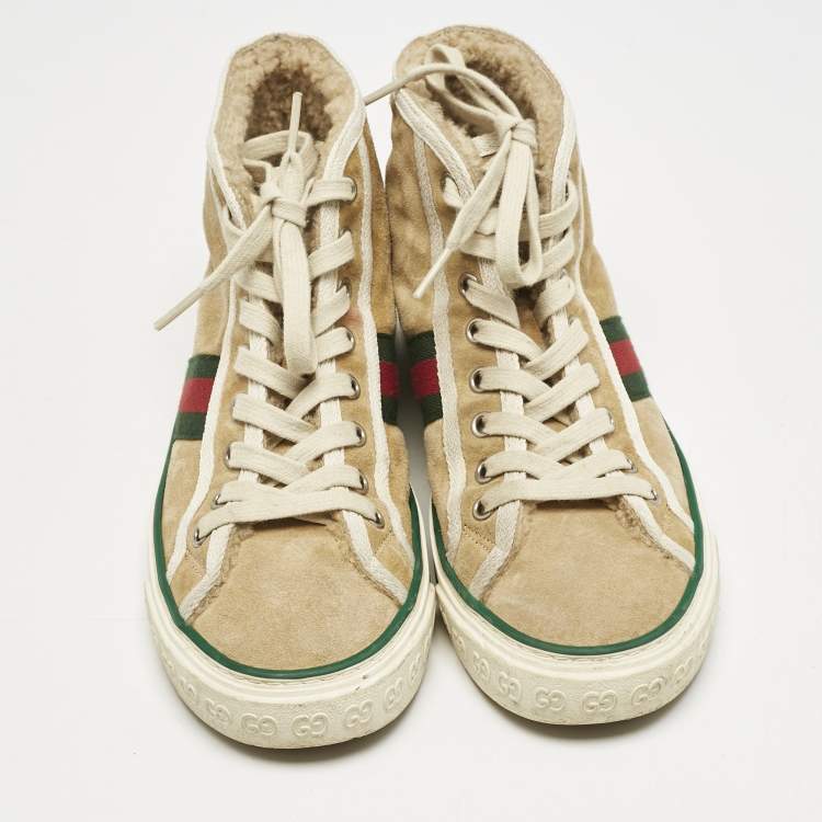 Pre Owned Gucci Beige Suede Tennis 1977 High Top Sneakers Size 36