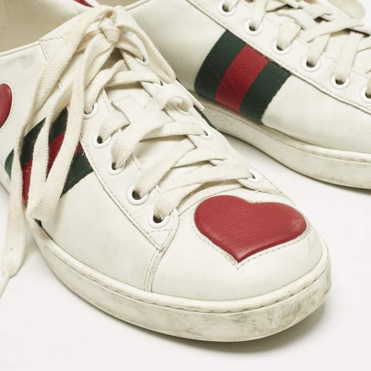 Pre Owned Gucci White Leather Ace Web Heart Detail Lace Up Sneakers Size 38