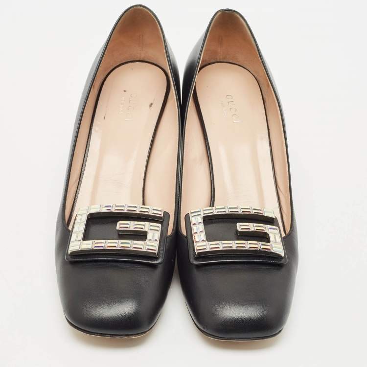 Pre Owned Gucci Black Leather G Crystals Buckle Pumps Size 40.5