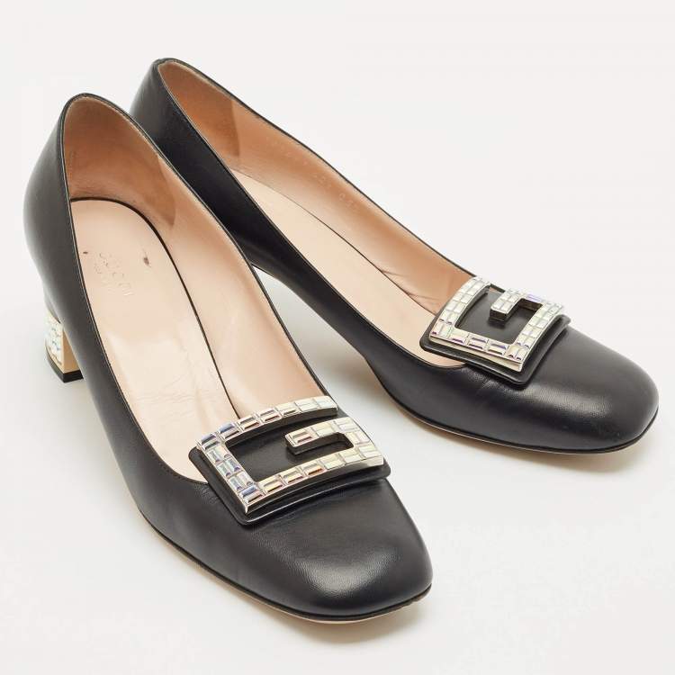 Pre Owned Gucci Black Leather G Crystals Buckle Pumps Size 40.5