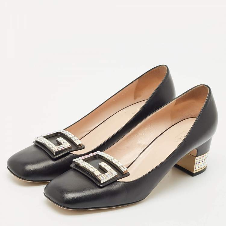 Pre Owned Gucci Black Leather G Crystals Buckle Pumps Size 40.5