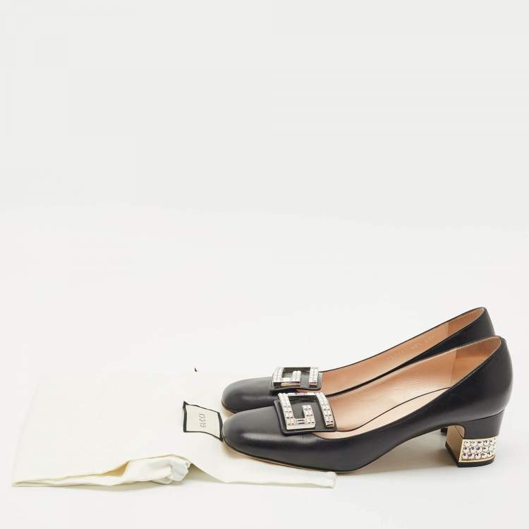 Pre Owned Gucci Black Leather G Crystals Buckle Pumps Size 40.5