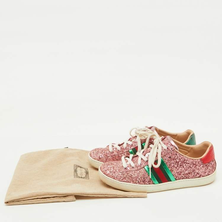 Pre Owned Gucci Pink Glitter and Leather Ace Web Detail Low Top Sneakers Size 36