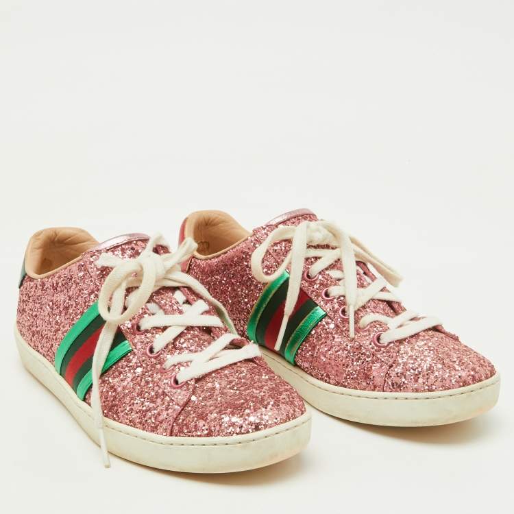 Pre Owned Gucci Pink Glitter and Leather Ace Web Detail Low Top Sneakers Size 36