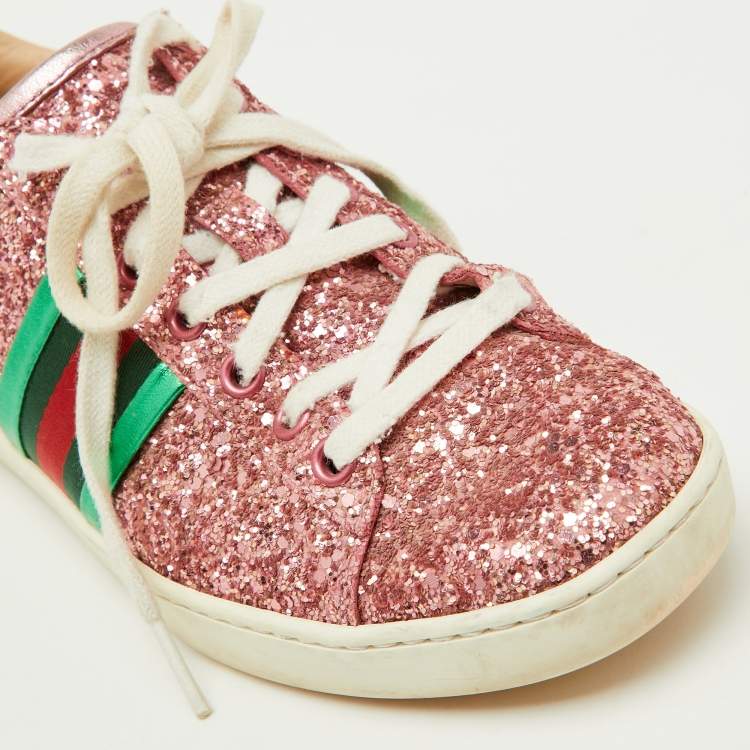 Pre Owned Gucci Pink Glitter and Leather Ace Web Detail Low Top Sneakers Size 36