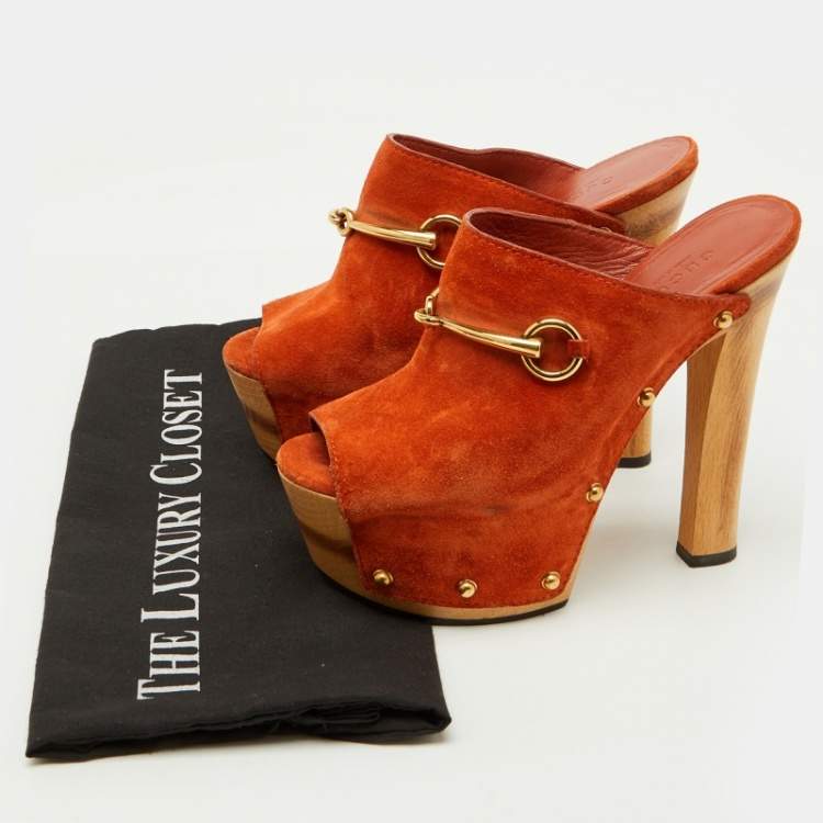 Pre Owned Gucci Orange Suede Horsebit Open Toe Platform Mules Size 35