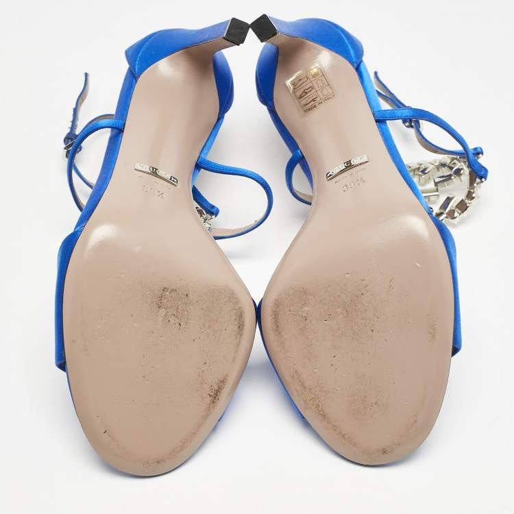 Pre Owned Gucci Blue Satin Interlocking G Crystals Ankle Strap Sandals Size 38.5