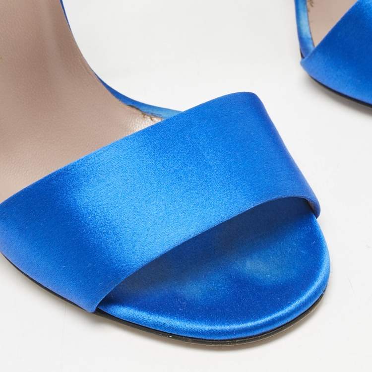 Pre Owned Gucci Blue Satin Interlocking G Crystals Ankle Strap Sandals Size 38.5