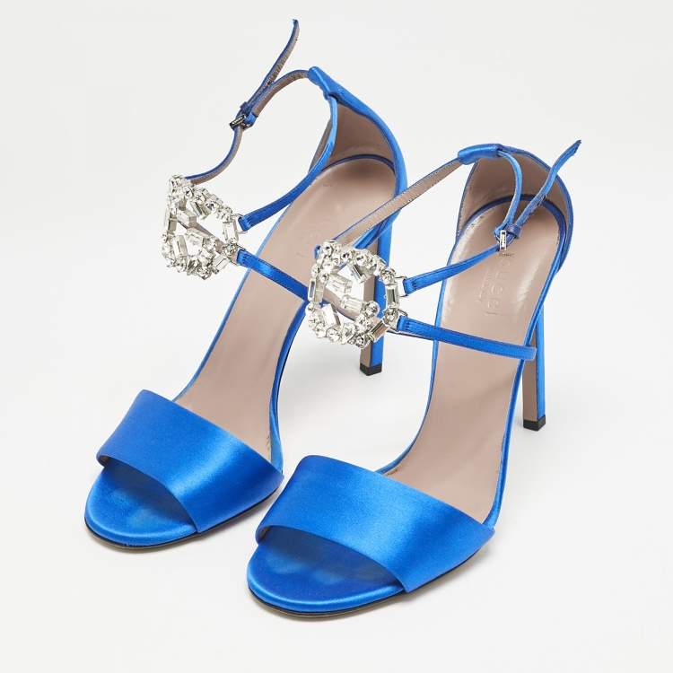 Pre Owned Gucci Blue Satin Interlocking G Crystals Ankle Strap Sandals Size 38.5
