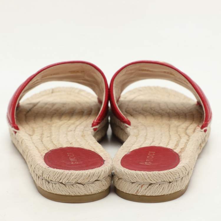 Pre Owned Gucci Red Matelasse Leather GG Marmont Espadrille Flat Slides Size 39 