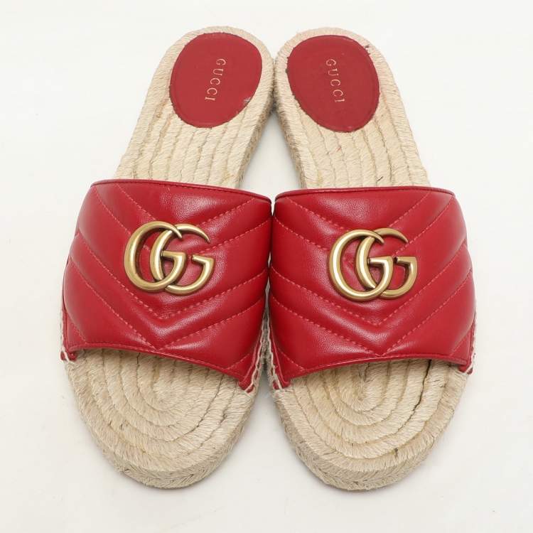 Pre Owned Gucci Red Matelasse Leather GG Marmont Espadrille Flat Slides Size 39 