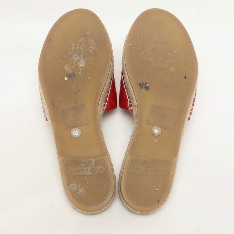 Pre Owned Gucci Red Matelasse Leather GG Marmont Espadrille Flat Slides Size 39 