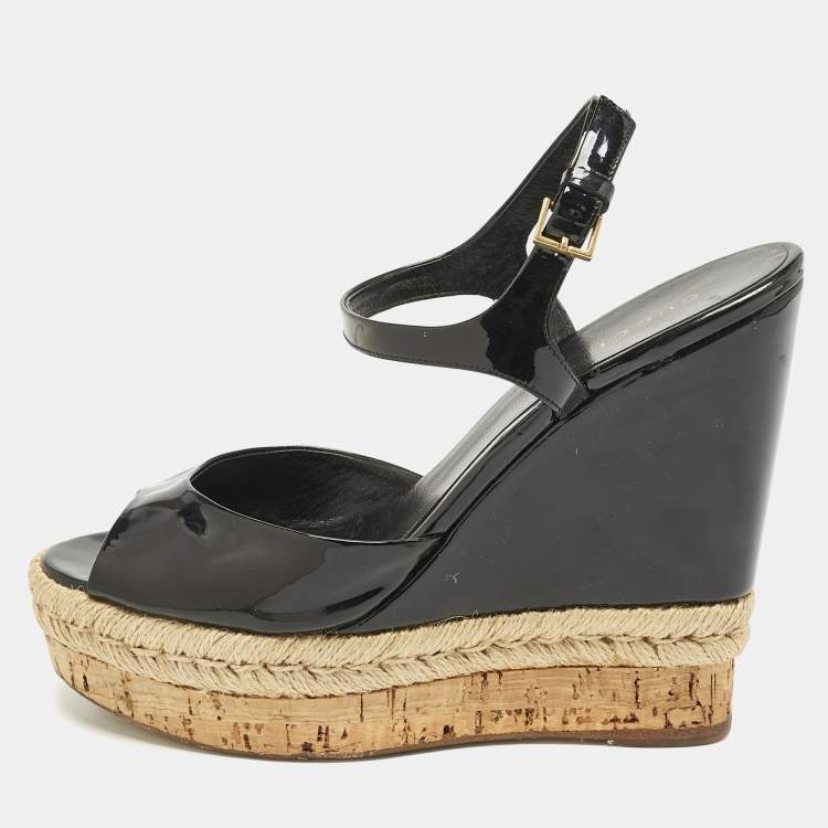 Pre Owned Gucci Black Patent Leather Cork Espadrille Platform Wedge Ankle Strap Sandals Size 38