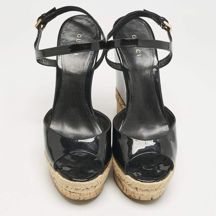 Pre Owned Gucci Black Patent Leather Cork Espadrille Platform Wedge Ankle Strap Sandals Size 38