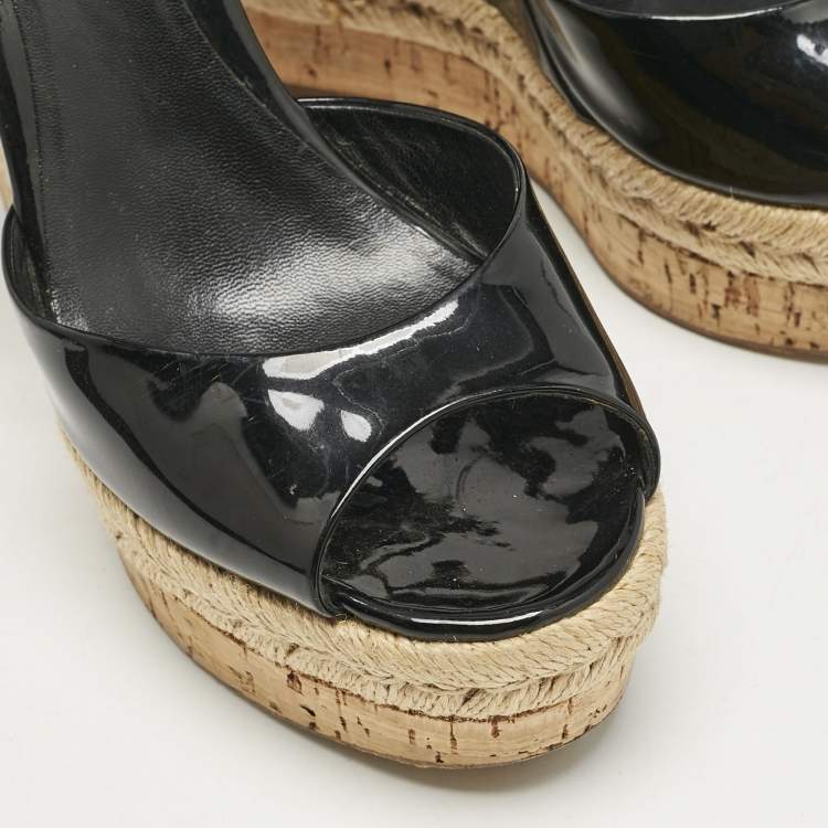 Pre Owned Gucci Black Patent Leather Cork Espadrille Platform Wedge Ankle Strap Sandals Size 38
