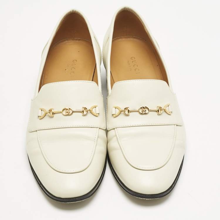 Pre Owned Gucci Off White Leather Interlocking G Horsebit Slip On Loafers Size 37