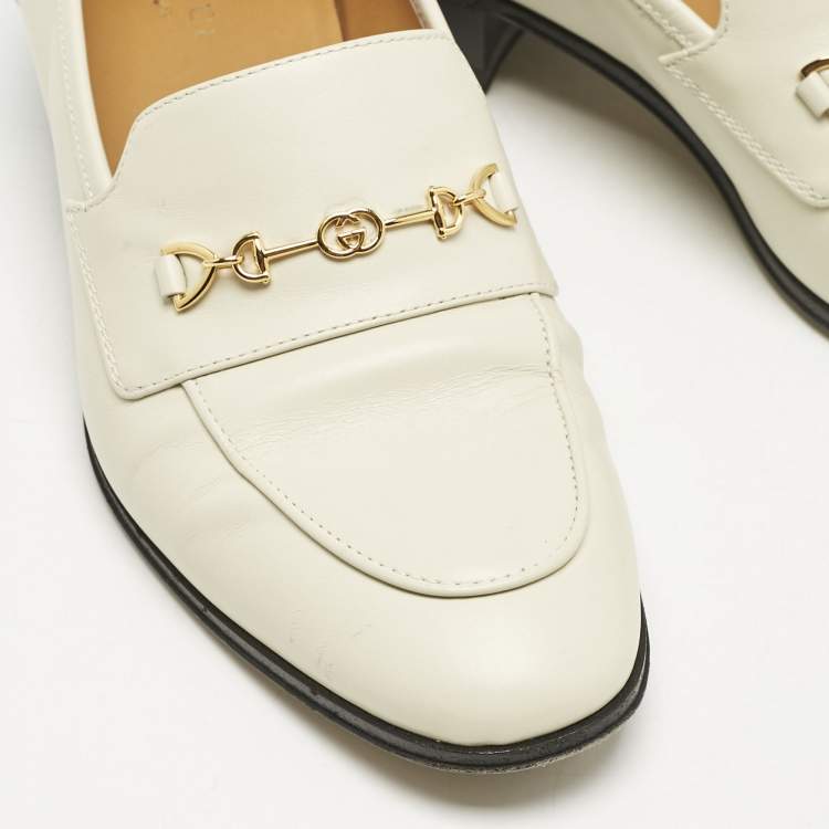 Pre Owned Gucci Off White Leather Interlocking G Horsebit Slip On Loafers Size 37