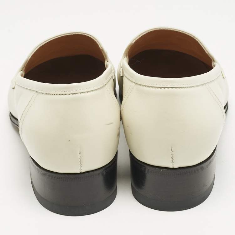 Pre Owned Gucci Off White Leather Interlocking G Horsebit Slip On Loafers Size 37