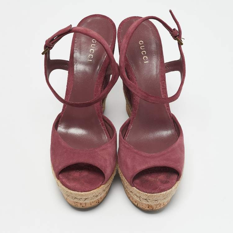 Pre Owned Gucci Pink Guccissima Suede Cork Wedge Sandals Size 39.5