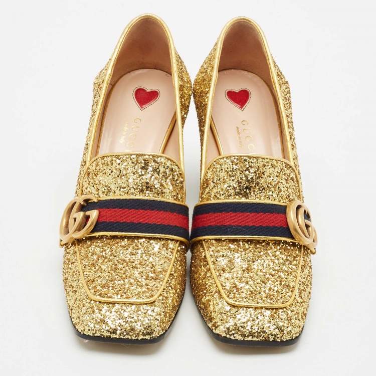 Pre Owned Gucci Gold Glitter Web Peyton GG Marmont Loafer Pumps Size 37
