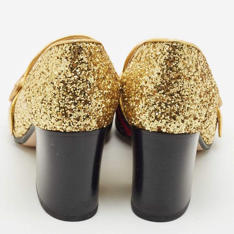 Pre Owned Gucci Gold Glitter Web Peyton GG Marmont Loafer Pumps Size 37