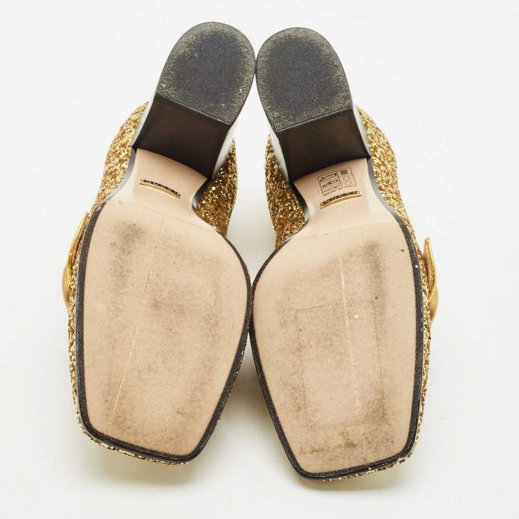 Pre Owned Gucci Gold Glitter Web Peyton GG Marmont Loafer Pumps Size 37