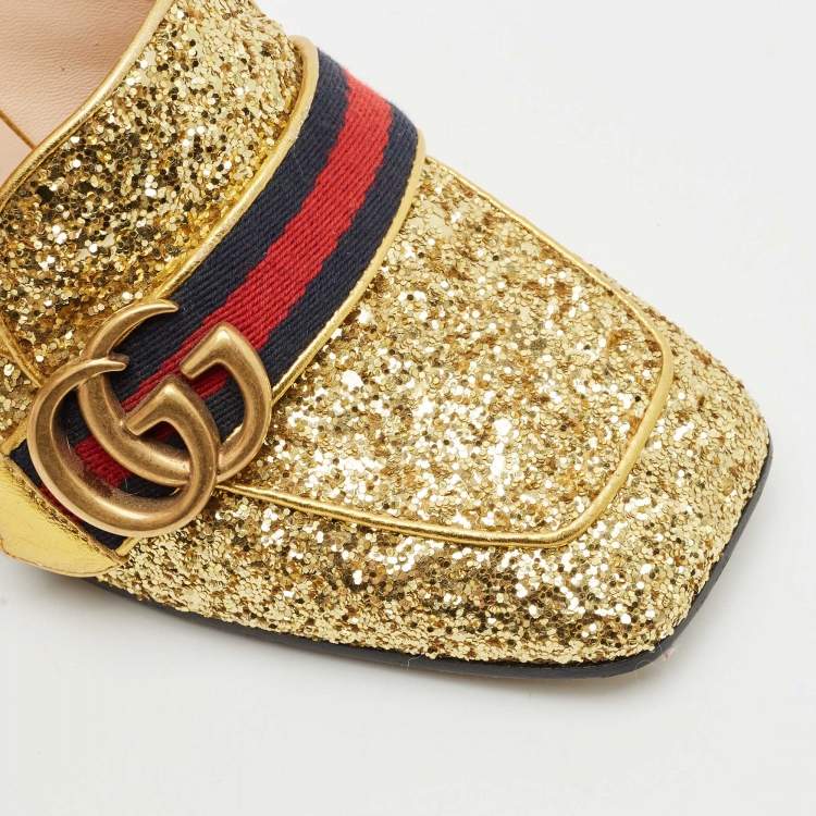 Pre Owned Gucci Gold Glitter Web Peyton GG Marmont Loafer Pumps Size 37
