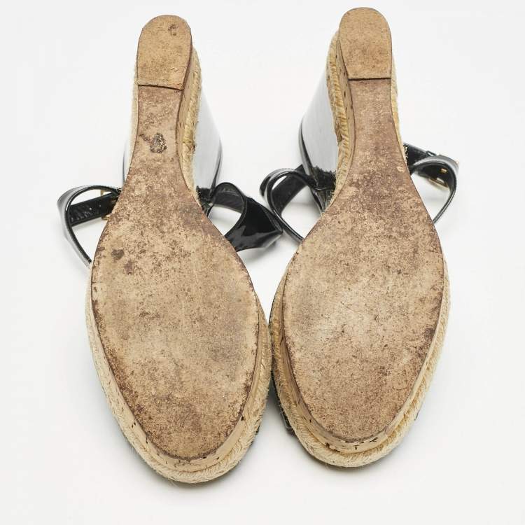 Pre Owned Gucci Black Patent Leather Cork Espadrille Platform Wedge Ankle Strap Sandals Size 39.5