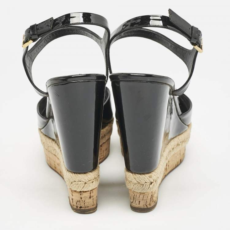 Pre Owned Gucci Black Patent Leather Cork Espadrille Platform Wedge Ankle Strap Sandals Size 39.5