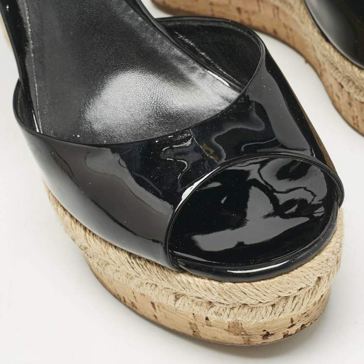 Pre Owned Gucci Black Patent Leather Cork Espadrille Platform Wedge Ankle Strap Sandals Size 39.5