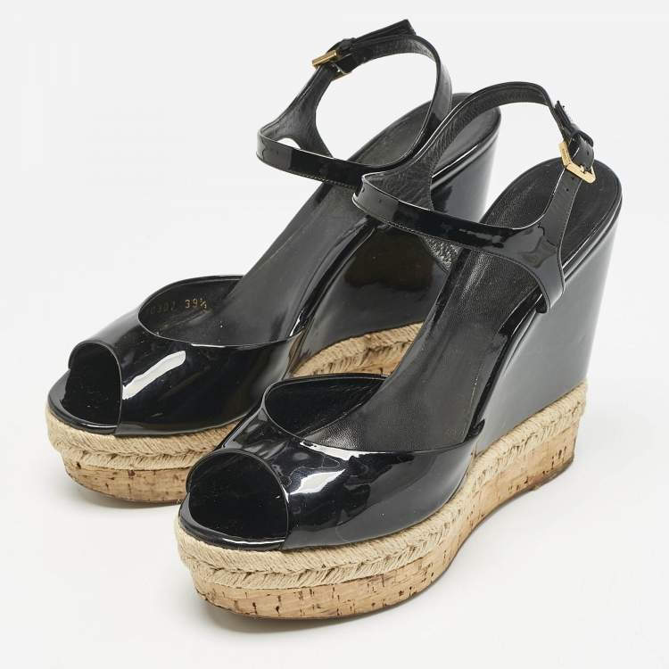 Pre Owned Gucci Black Patent Leather Cork Espadrille Platform Wedge Ankle Strap Sandals Size 39.5
