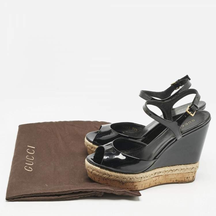 Pre Owned Gucci Black Patent Leather Cork Espadrille Platform Wedge Ankle Strap Sandals Size 39.5