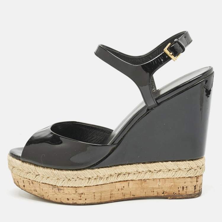 Pre Owned Gucci Black Patent Leather Cork Espadrille Platform Wedge Ankle Strap Sandals Size 39.5