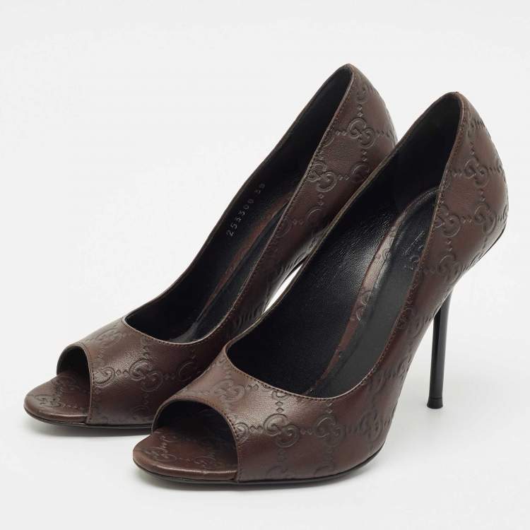 Pre Owned Gucci Brown Guccissima Leather Peep Toe Pumps Size 38