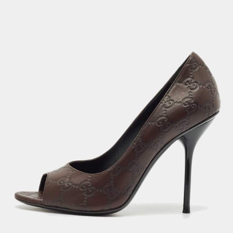 Pre Owned Gucci Brown Guccissima Leather Peep Toe Pumps Size 38