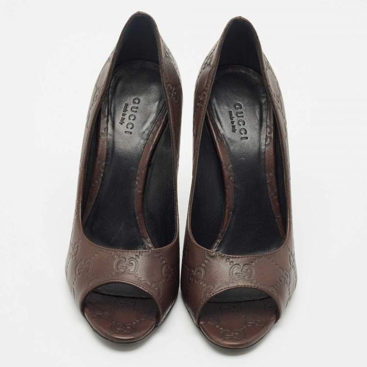 Pre Owned Gucci Brown Guccissima Leather Peep Toe Pumps Size 38