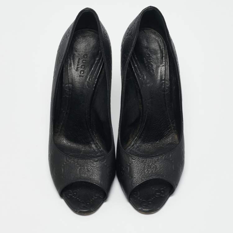 Pre Owned Gucci Black Guccissima Leather Peep Toe Pumps Size 38.5