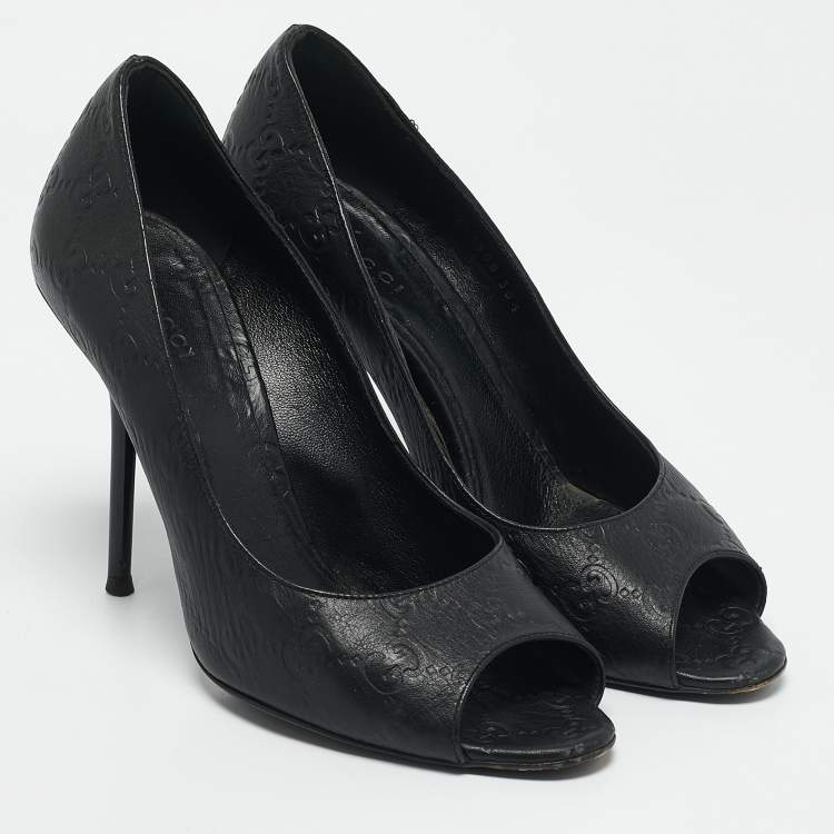 Pre Owned Gucci Black Guccissima Leather Peep Toe Pumps Size 38.5