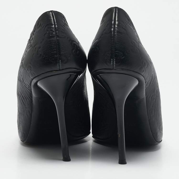 Pre Owned Gucci Black Guccissima Leather Peep Toe Pumps Size 38.5