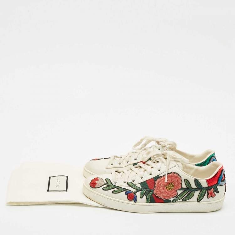 Pre Owned Gucci White Leather Ace Floral Applique Low Top Sneakers Size 39.5