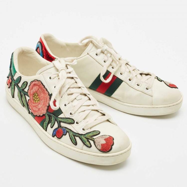 Pre Owned Gucci White Leather Ace Floral Applique Low Top Sneakers Size 39.5