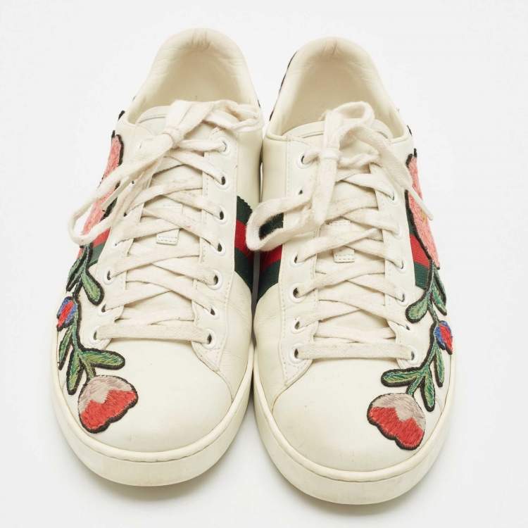 Pre Owned Gucci White Leather Ace Floral Applique Low Top Sneakers Size 39.5