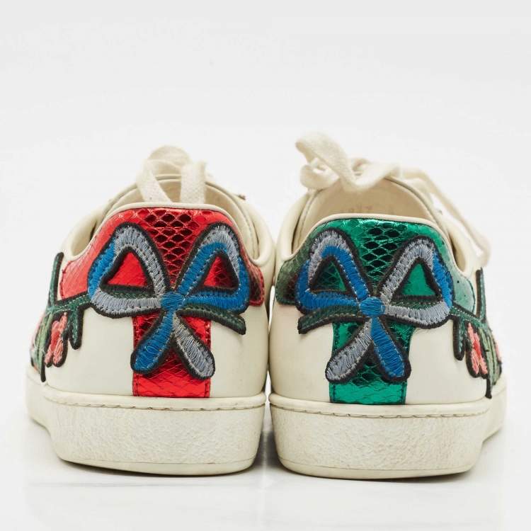 Pre Owned Gucci White Leather Ace Floral Applique Low Top Sneakers Size 39.5