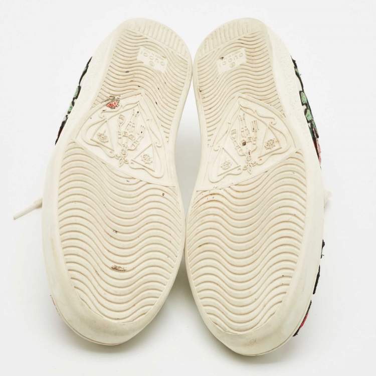 Pre Owned Gucci White Leather Ace Floral Applique Low Top Sneakers Size 39.5