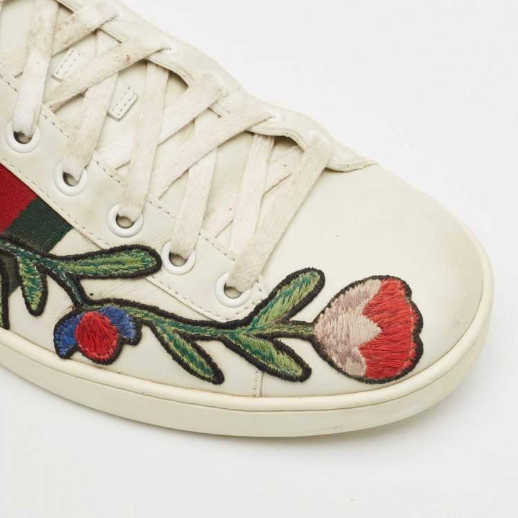 Pre Owned Gucci White Leather Ace Floral Applique Low Top Sneakers Size 39.5