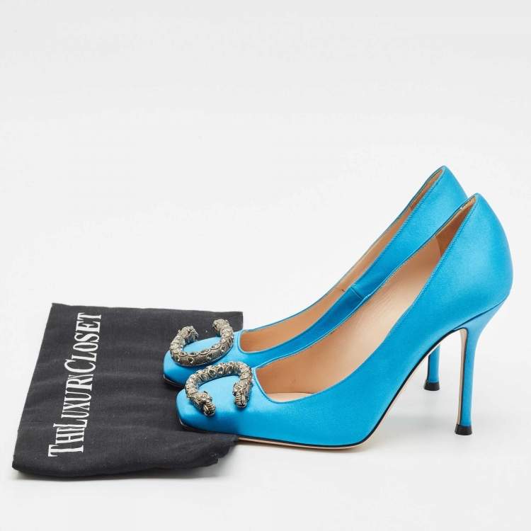 Pre Owned Gucci Light Blue Satin Dionysus Square Toe Pumps Size 36